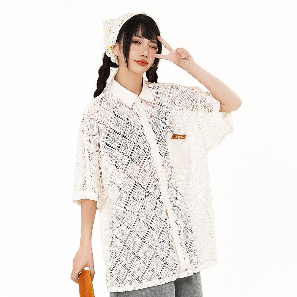 Hollow-Out Lace Short-Sleeved Shirt