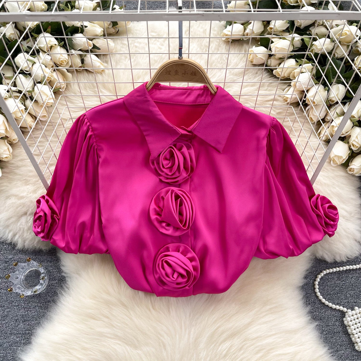 Flower Puff Sleeve 1 French Satin Top
