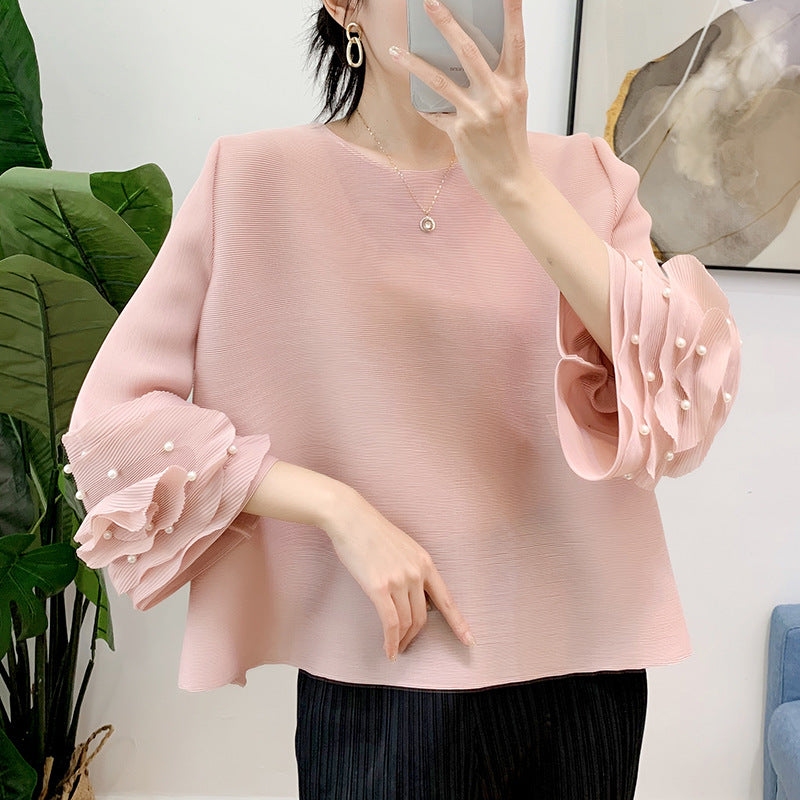 Women's Pleated Bell Sleeve Round Neck